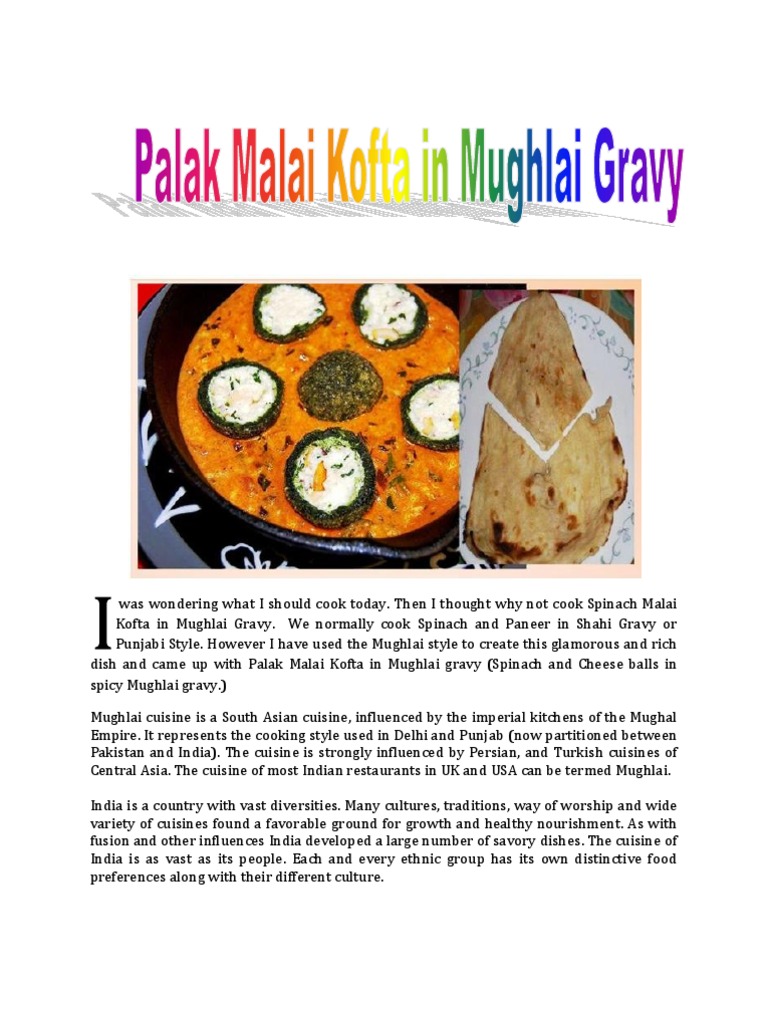 Palak Malai Kofta in Mughlai Gravy PDF Indian Cuisine Mughal Empire