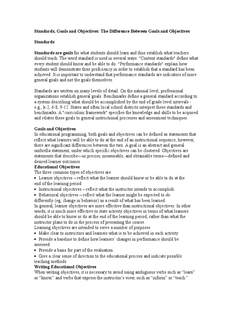 Standards Goals Objectives (1) Goal Learning