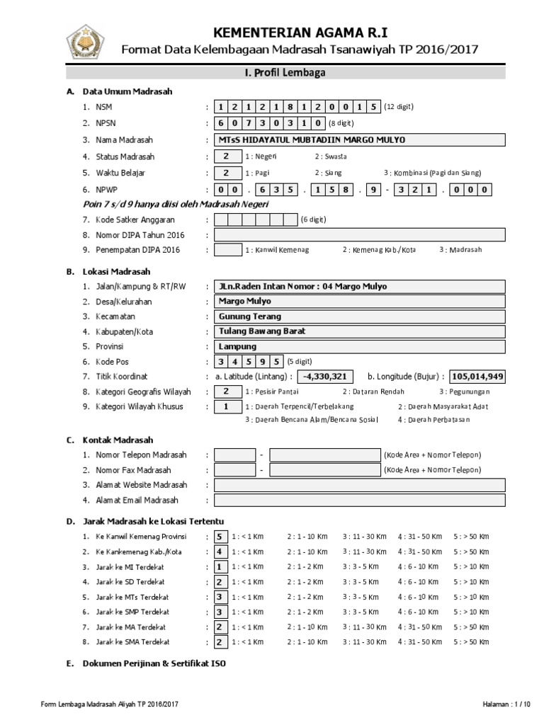 Data Madrasah MTs Hidayatul Mubtadiin | PDF