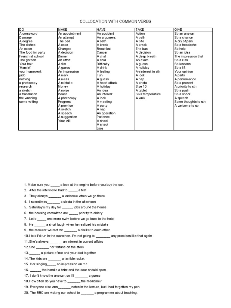 Common Verb Collocations Guide | PDF