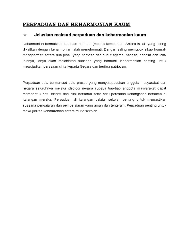 Perpaduan Dan Keharmonian Kaum Pdf
