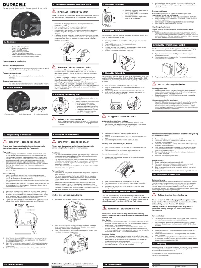 Duracell Powerpack Pro 1100 Manual Battery Charger Rechargeable Battery