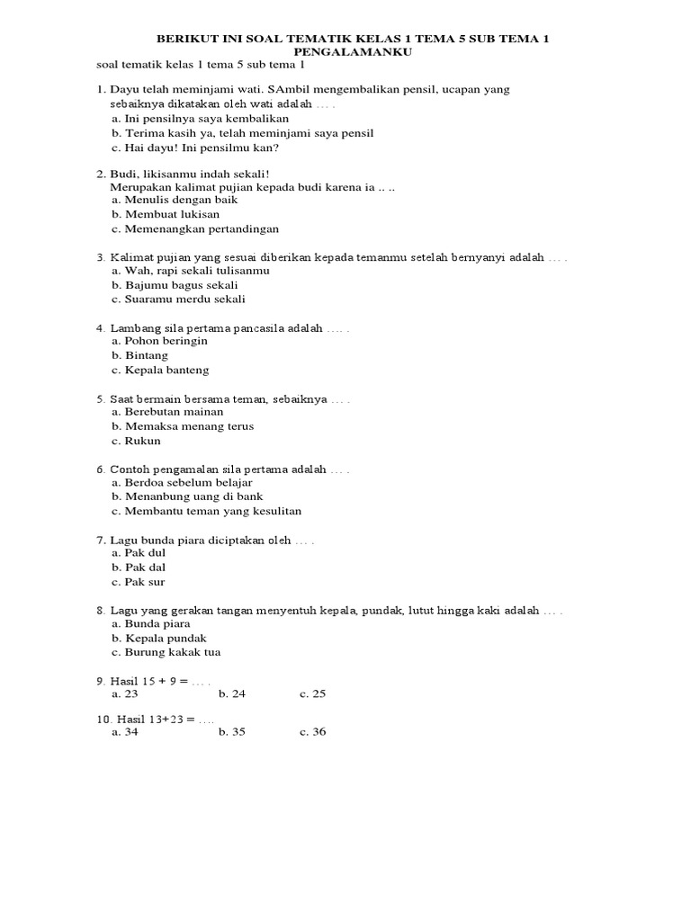 soal kelas 1 tema 5