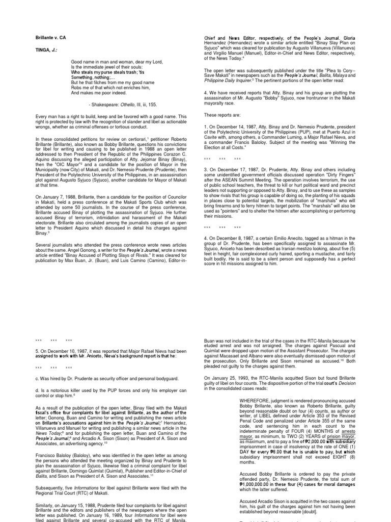 Brillante v. CA People's Journal, Balita, Malaya and Philippine Daily Inquirer PDF