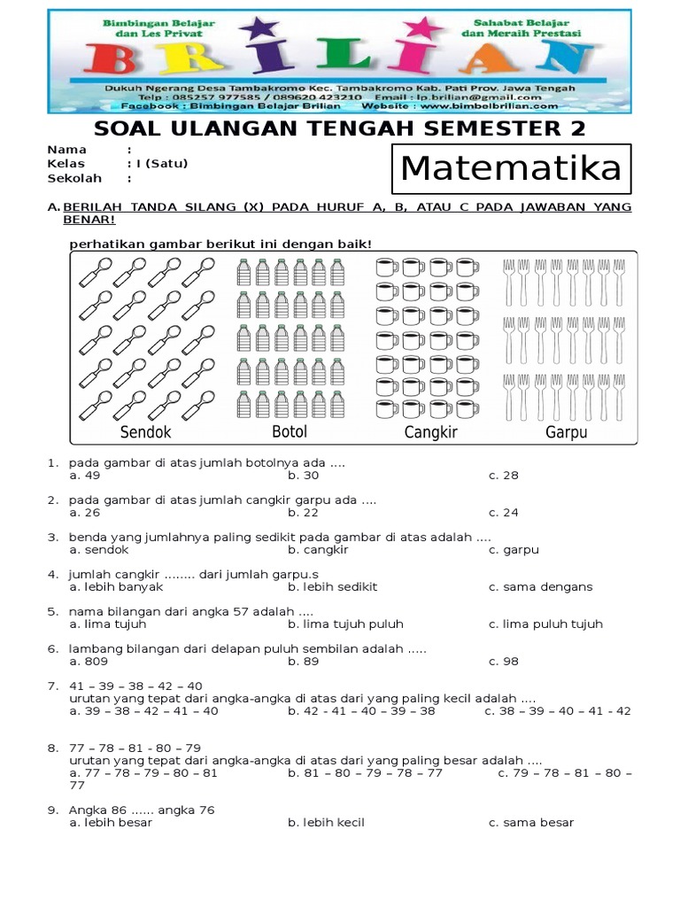 Soal Uts Matematika Kelas 1 Sd Semester 2 Genap Dan Kunci Jawaban Www Bimbelbrilian Com