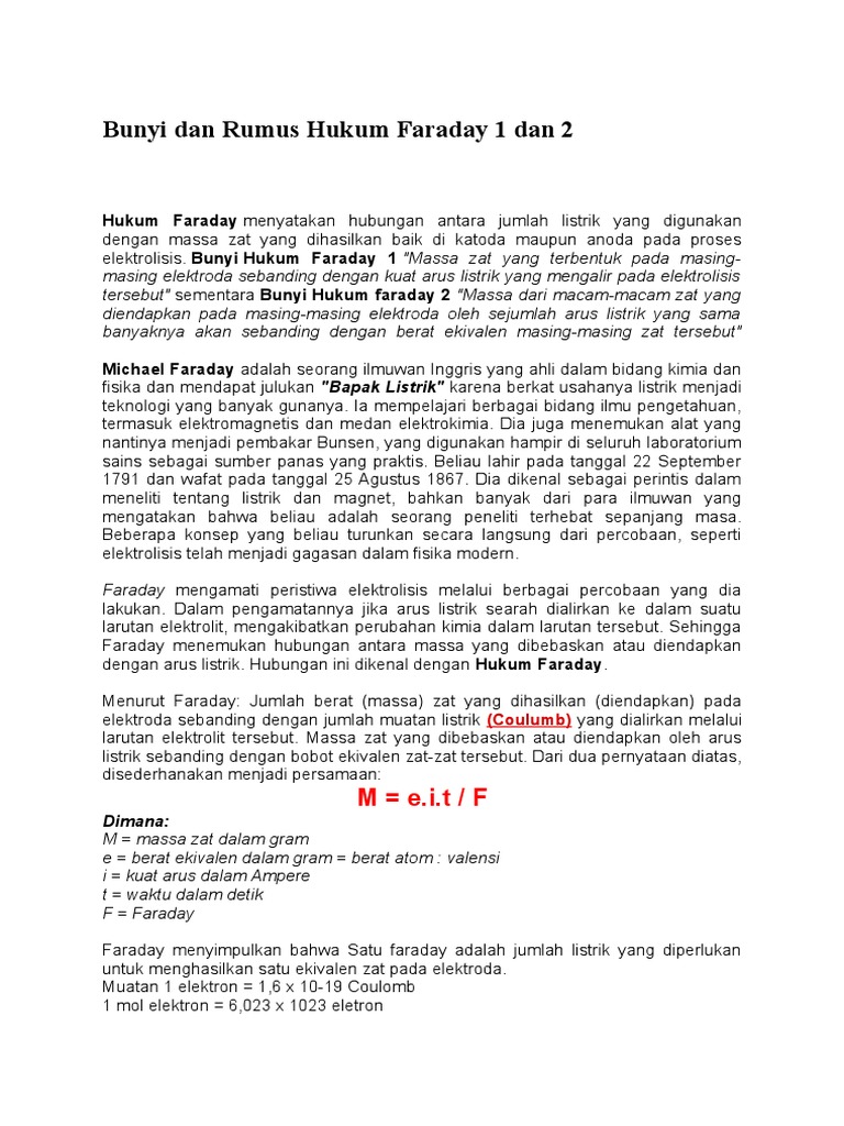 Bunyi Dan Rumus Hukum Faraday 1 Dan 2