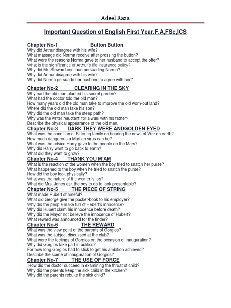 Important Question of English First Year | PDF