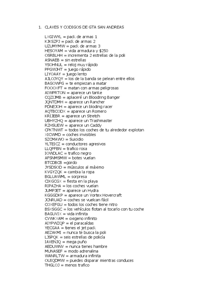 Claves Y Codigos De Gta San Andreas PDF Conflicto Armado Ocio 1696859758