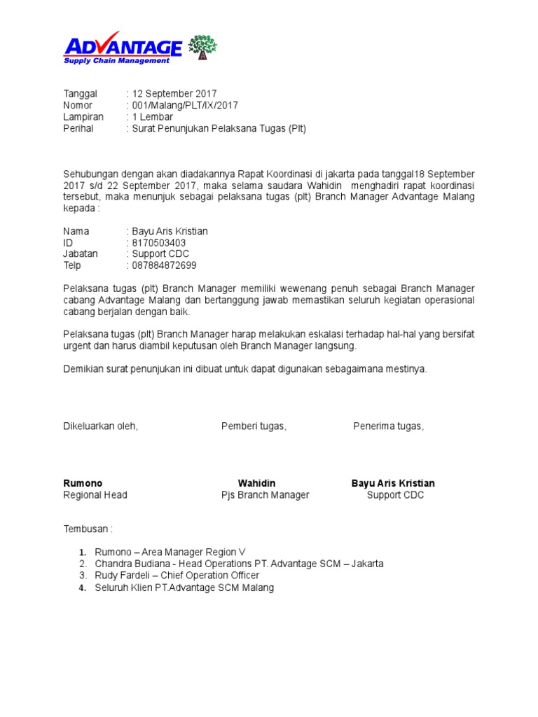 Surat Pelaksana Tugas Plt Branch Manager Internal