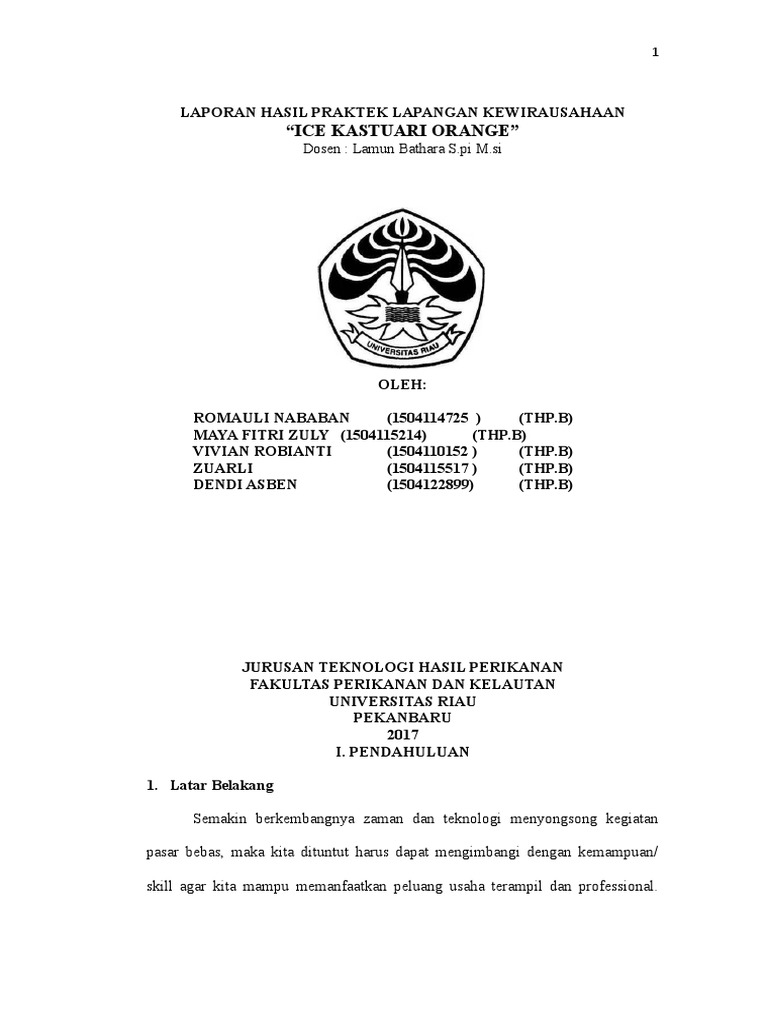 Laporan Hasil Praktek Lapangan Kewirausahaan Ice Kastuari Orange
