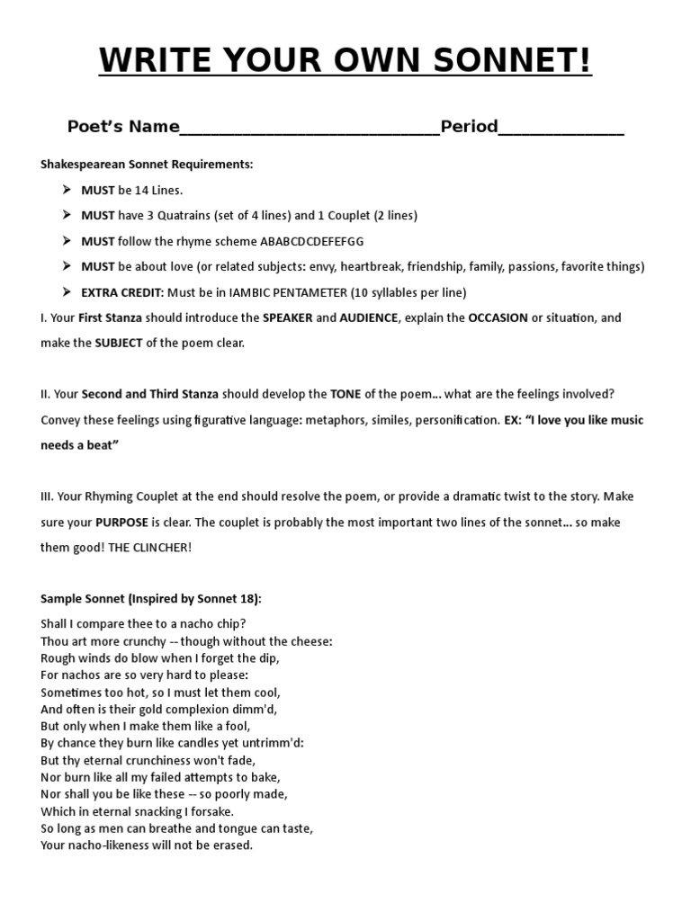 Shakespeare Sonnets Worksheet Poetry Sonnets
