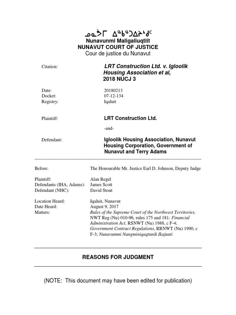 LRT Construction Ltd. v. Igloolik Housing Association Et Alia, Nunavut