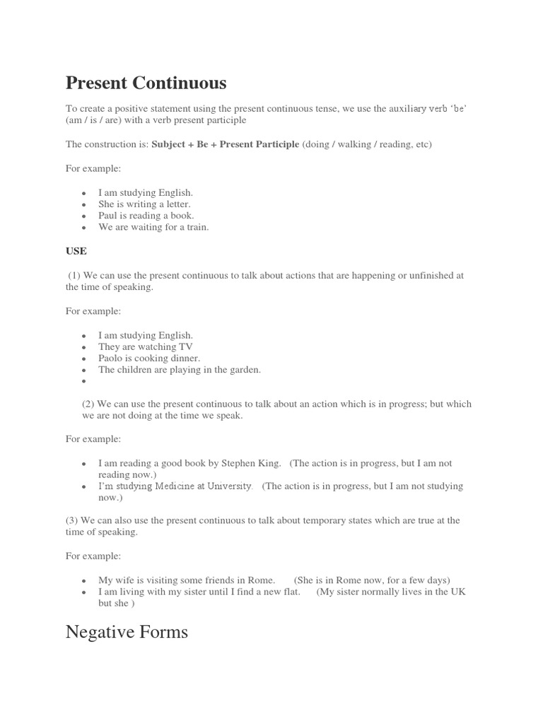 Present Continuous Negative Forms PDF Verb Syntax