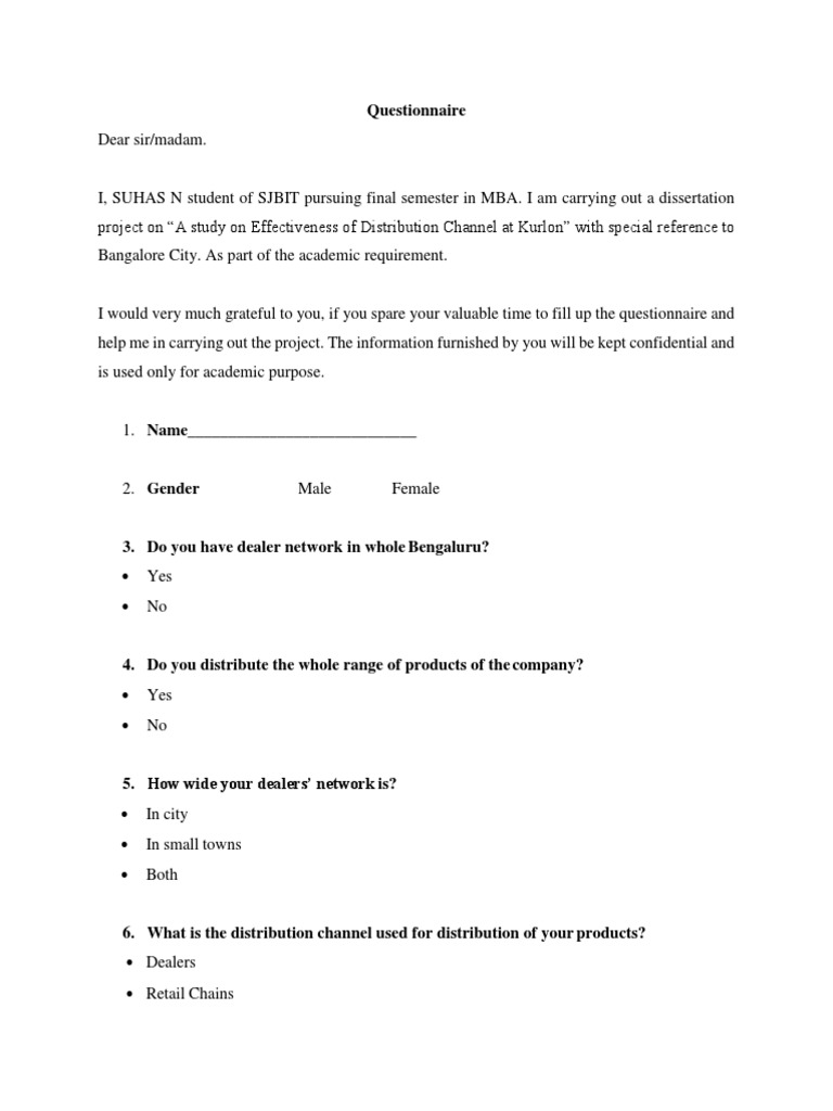 Questionnaire Kurlon PDF Sales Distribution (Business)