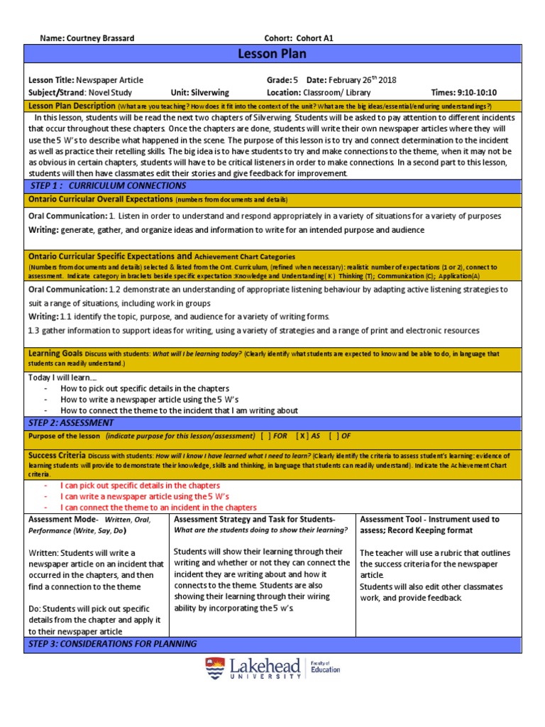 Lesson Plan: Step 1: Curriculum Connections | PDF | Educational ...