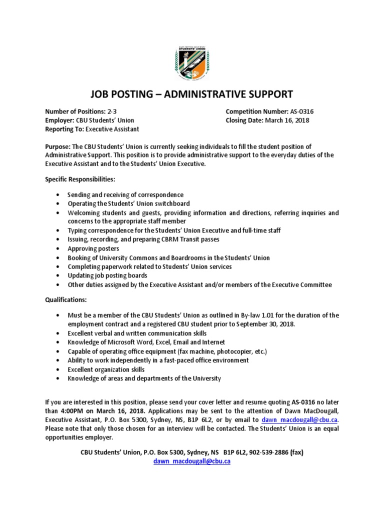 CBU Students' Union Admin Support Job | PDF