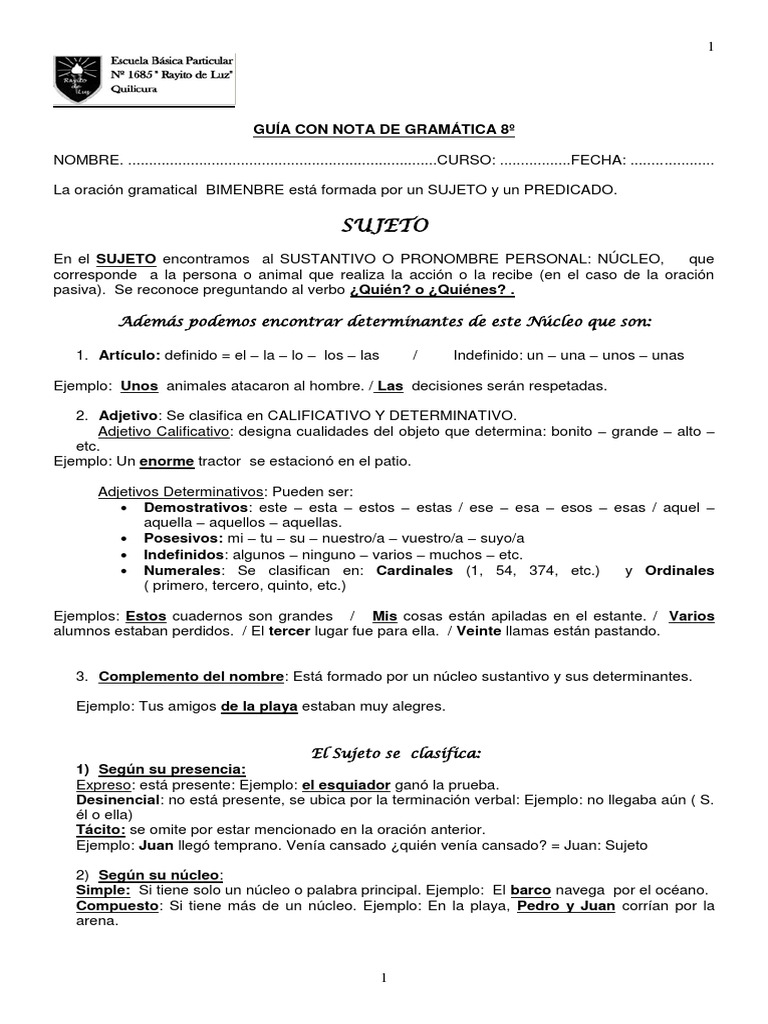 Guía de Gramática: Sujeto y Predicado | PDF | Asunto (gramática) | Verbo