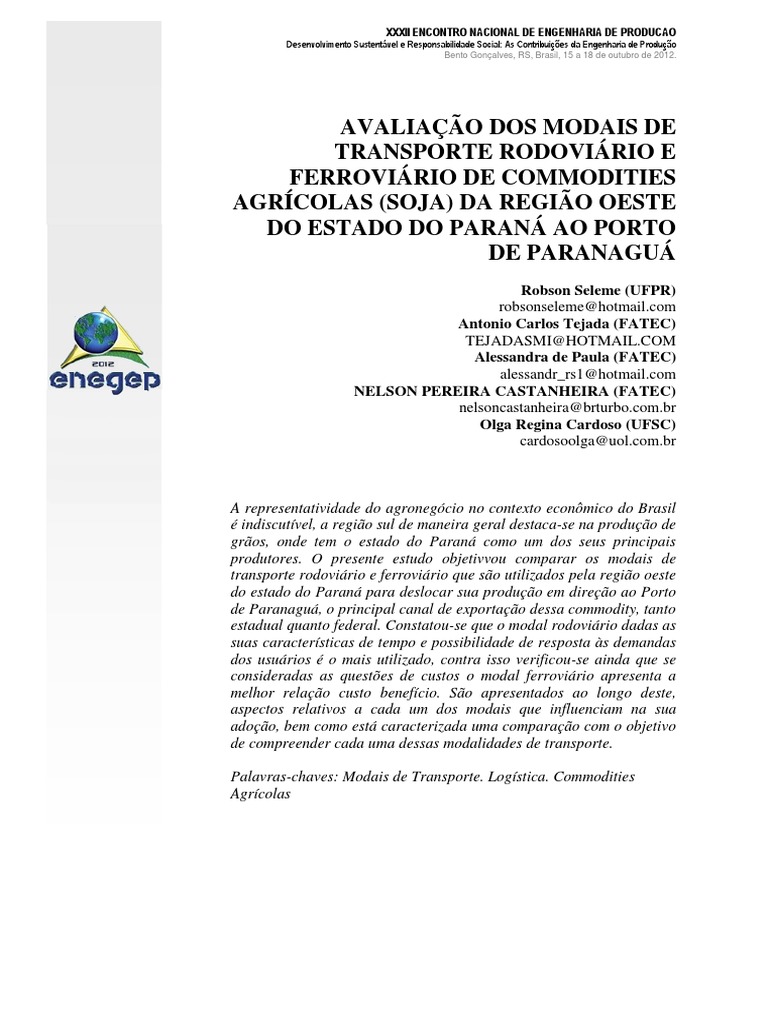 Comparação de Modais de Transporte no Paraná | PDF | Logística | Cadeia ...