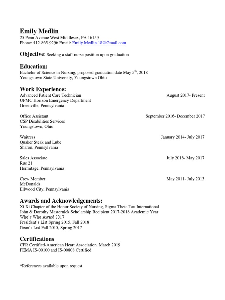 Emily Medlin: Nursing Graduate Resume | PDF | Wellness