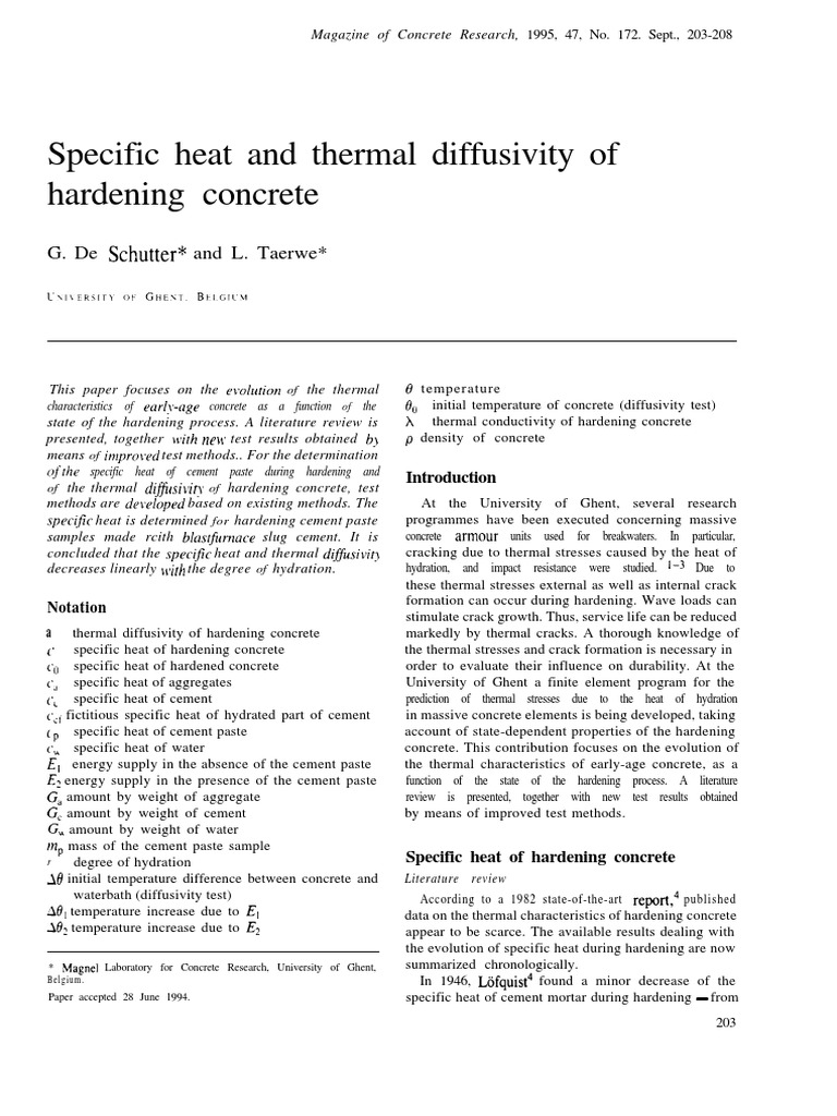Specific Heat and Thermal Diffusivity of Hardening Concrete PDF Heat Capacity Concrete