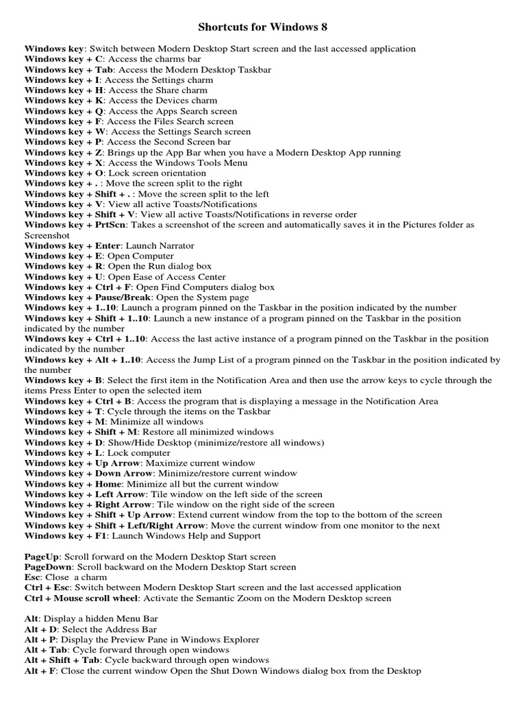 Essential Windows 8 Keyboard Shortcuts | PDF | Ibm Pc Compatibles ...
