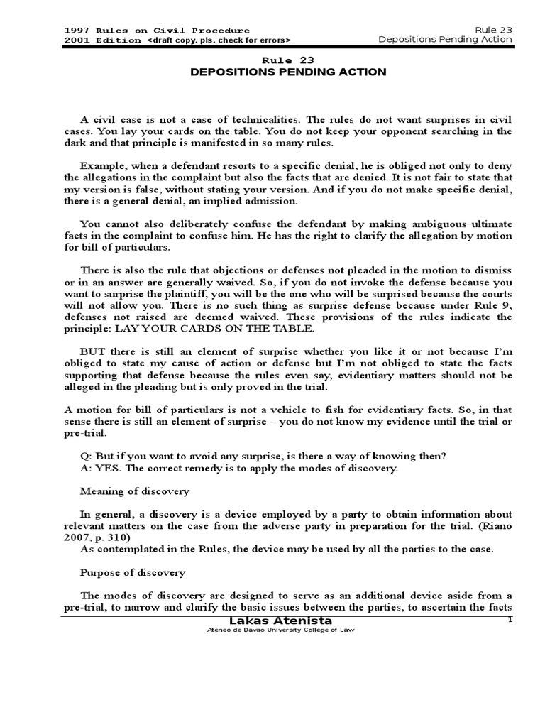 Rule 23: Depositions in Civil Procedure | PDF | Deposition (Law ...