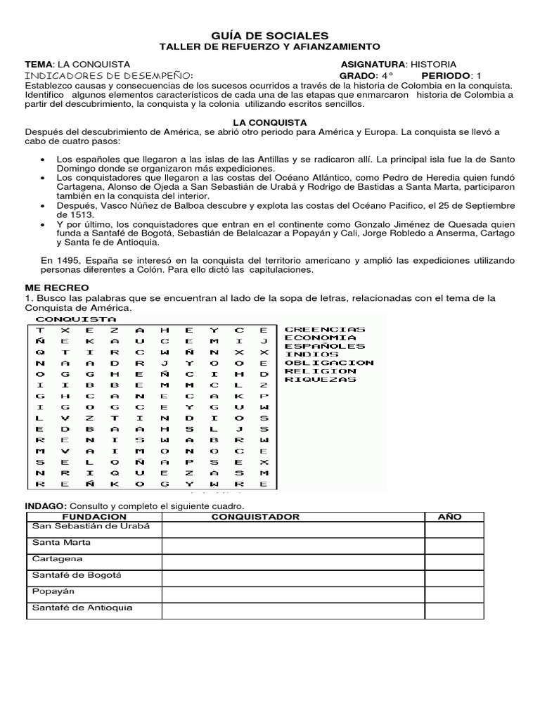 GUÍA TALLER DE SOCIALES 4° - La Conquista | PDF
