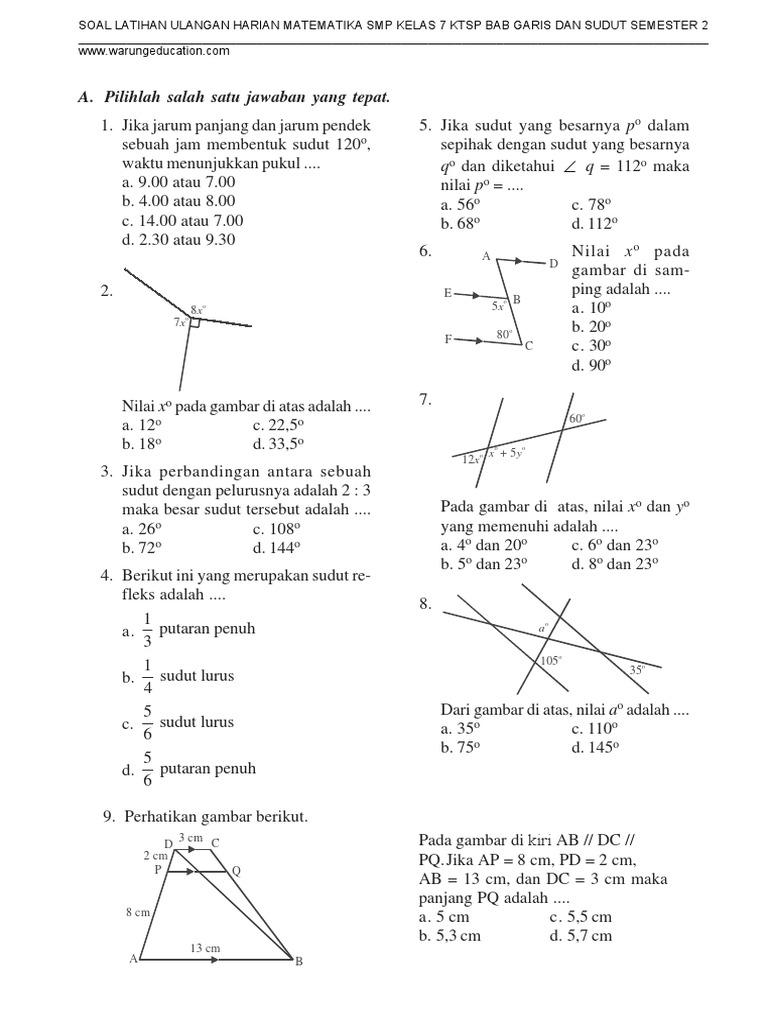 Soal Matematika Smp Kelas 7 Bab Garis Dan Sudut Semester 2