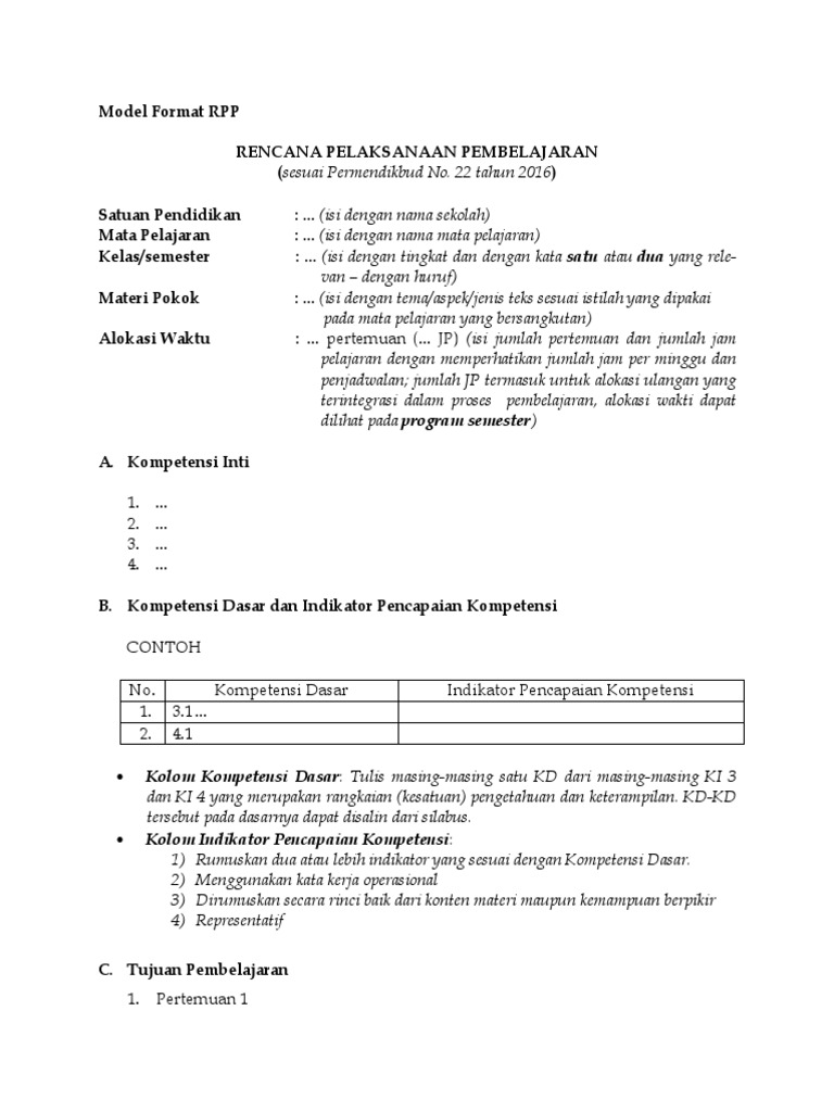 Model Format RPP K-13 Revisi Permendikbud No 22 Tahun 2016 | PDF