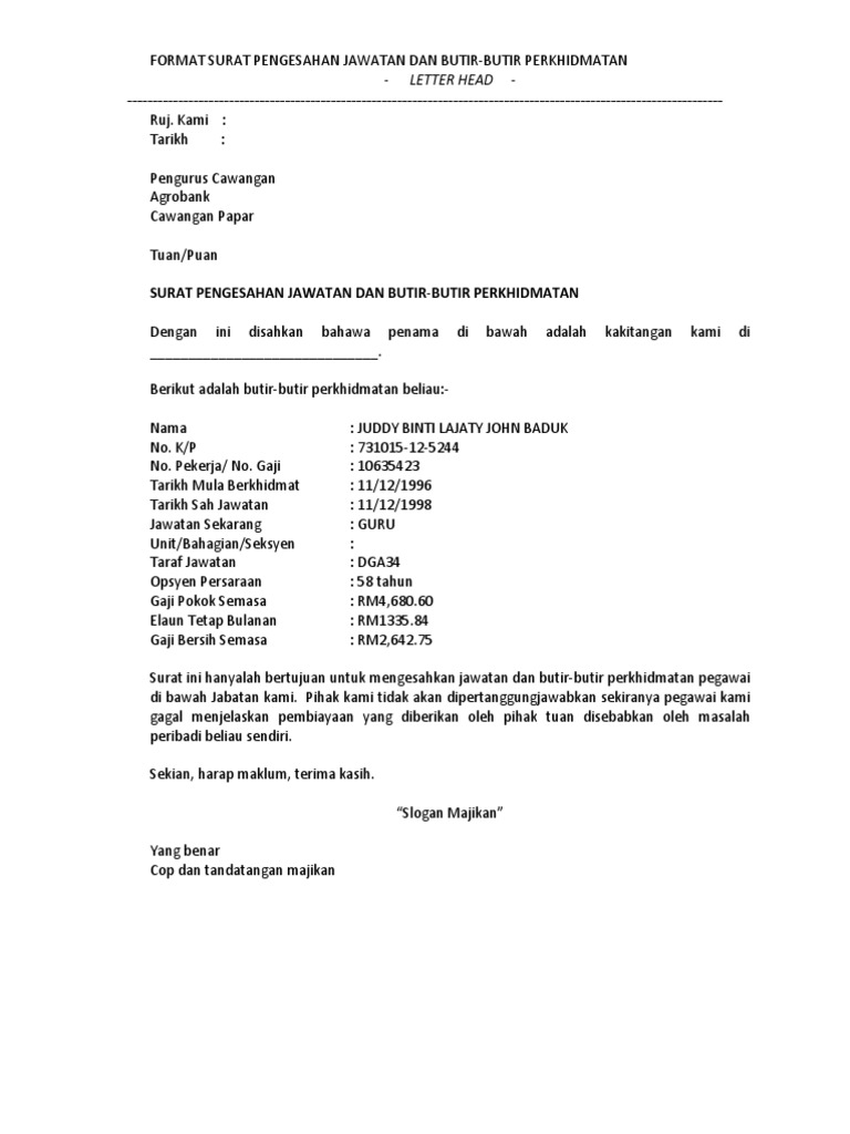 Format Surat Rasmi Untuk Bank In English