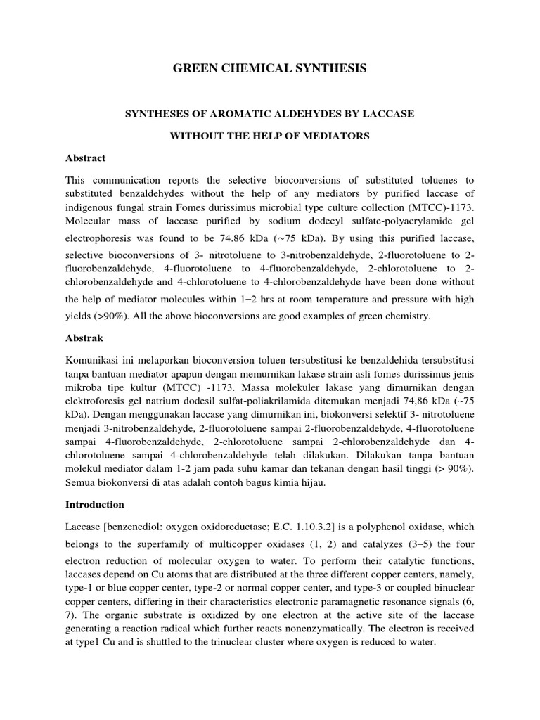 Green Synthesis of Aromatic Aldehydes | PDF | Thiol | Chemical Reactions