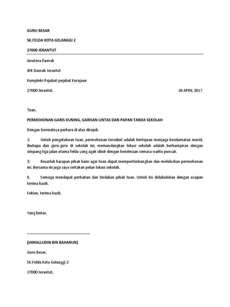 Contoh Surat Permohonan Palang Had Tinggi Mpklang