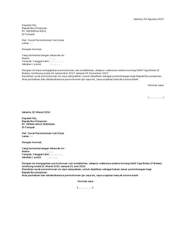 Surat Permohonan Cuti Kerja - SuratMenyurat.net
