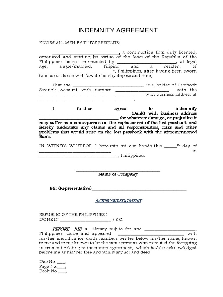 Indemnity Agreement Template | PDF