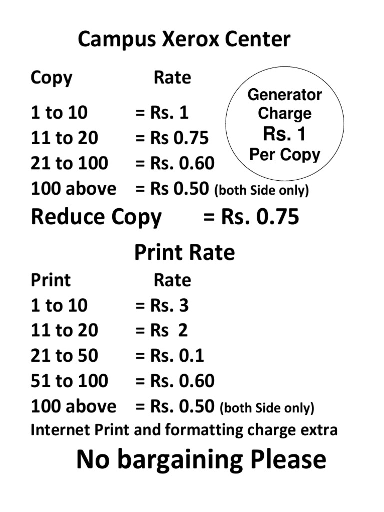 Campus Xerox Rate Chart 2025 | PDF