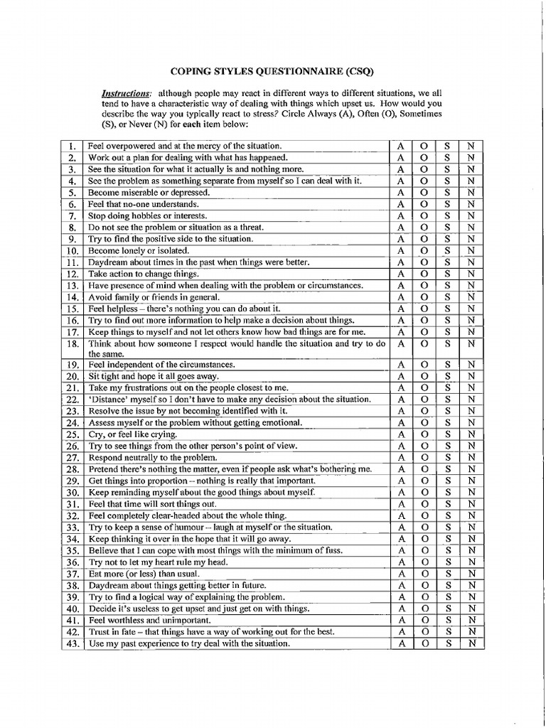 Coping Styles Questionnaire and Scoring | Psychological Testing