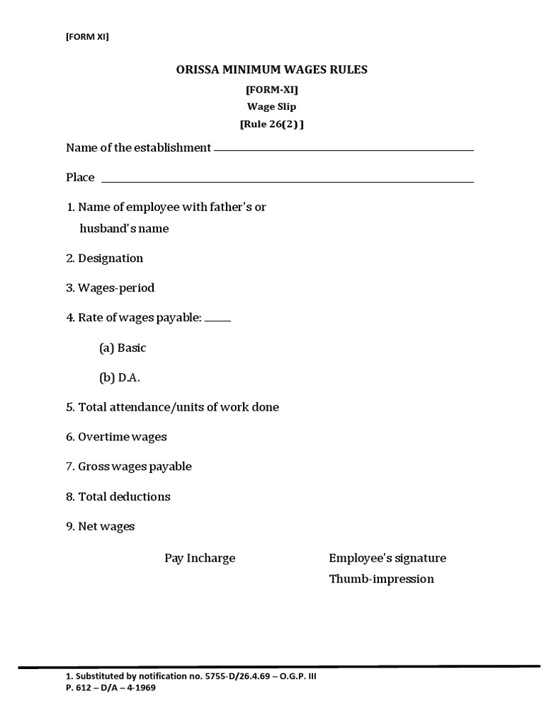 Orissa Minimum Wages Rules (FORMXI) Wage Slip (Rule 26 (2) ) PDF