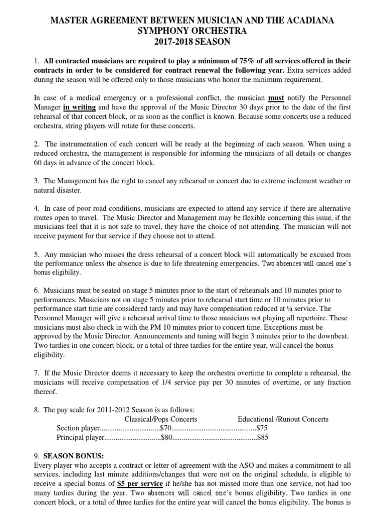 Master Agreement 20172018 Orchestras Performing Arts Free 30day