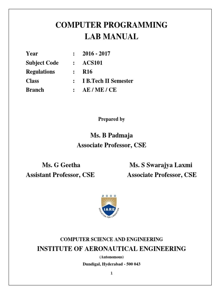 Computer Programming Lab Manual 2016-17 | PDF | C (Programming Language ...