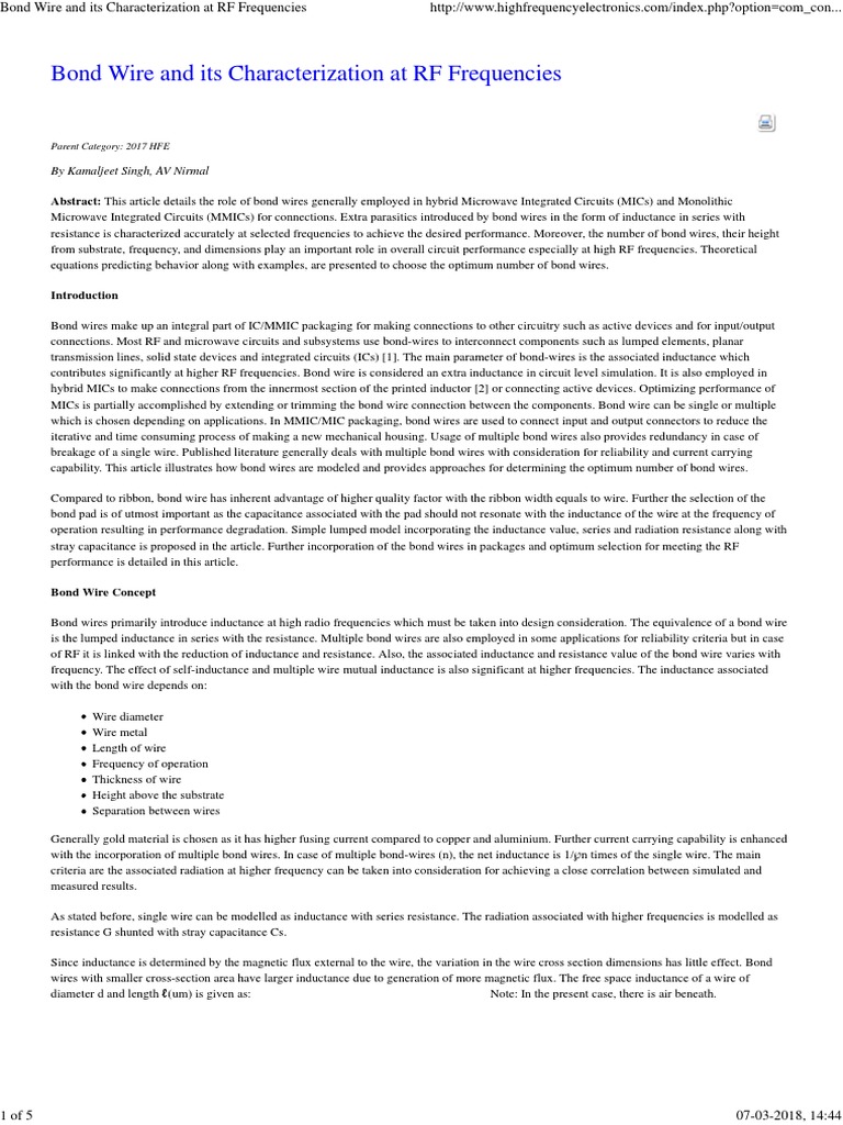 Bond Wire and Its Characterization at RF Frequencies PDF Inductor Inductance