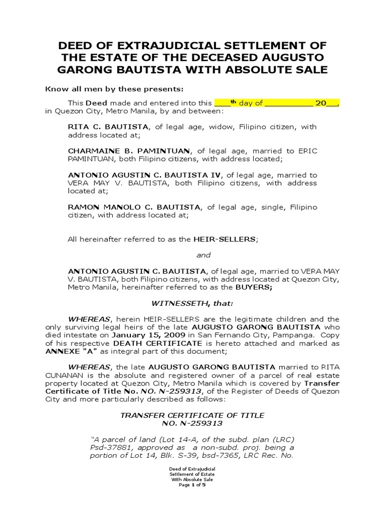 Deed of Extrajudicial Settlement of Estate With Absolute Sale ...