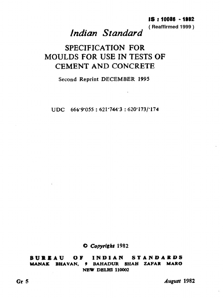 Is 10086-1982 - Specification For Moulds For Use in Tests of Cement and ...