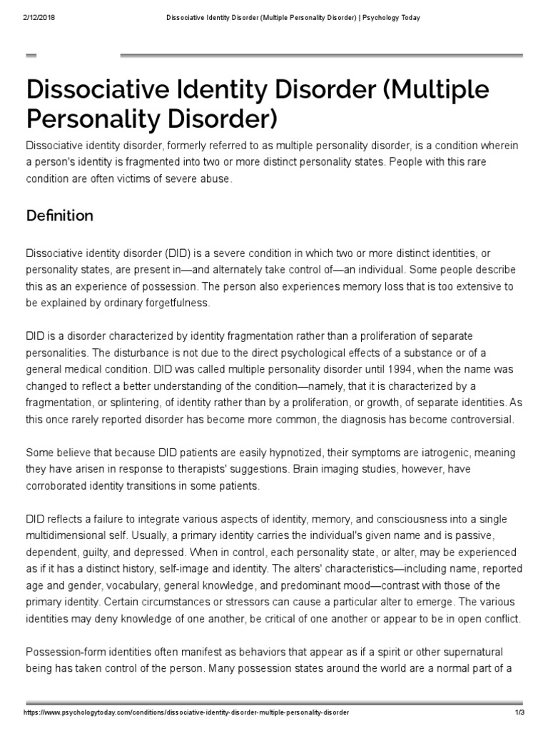 Dissociative Identity Disorder (Multiple Personality Disorder