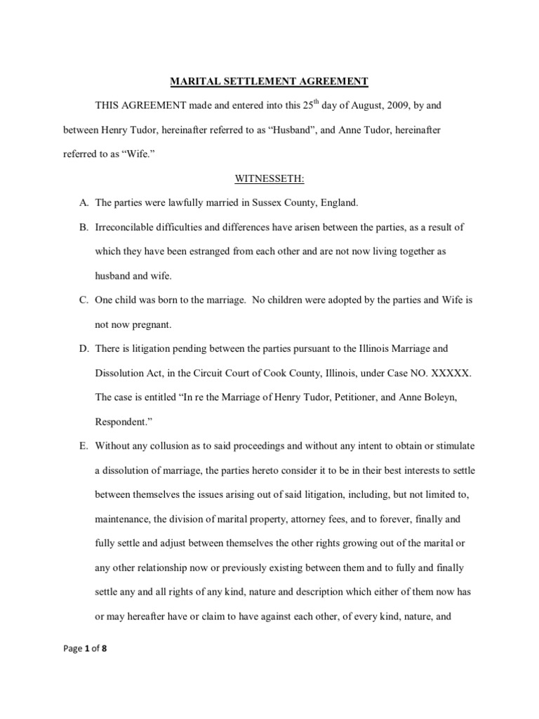 Marital settlement agreement deals