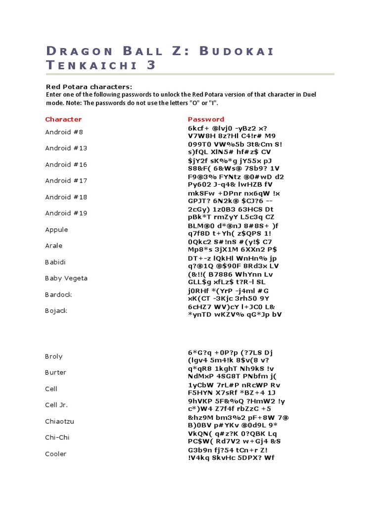 DRAGON BALL Z RED POTARA CHARACTER CODES PDF Dragon Ball Science