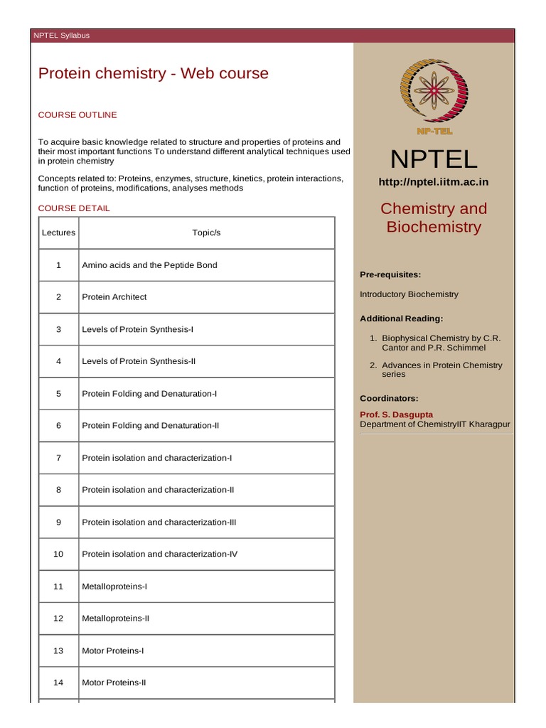 Nptel Protein Chemistry  Course PDF ProteinProtein
