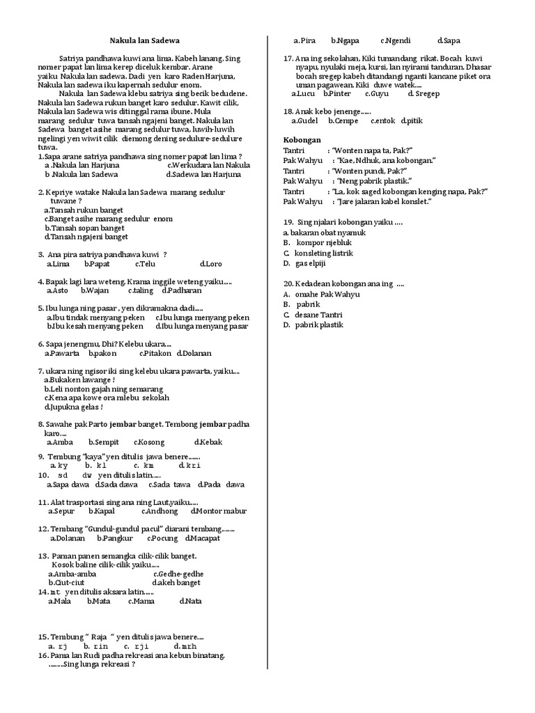 Jawaban 40 Soal Esai UTS Bahasa Jawa Kelas 3 SD Semester 1
