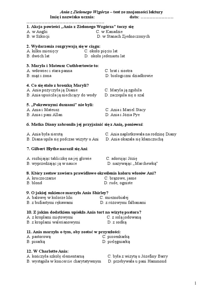 Test Z Ani Z Zielonego Wzgorza Klasa 6