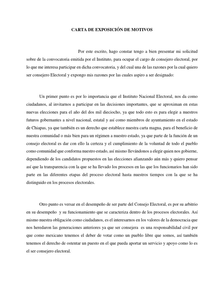 Carta de Exposición de Motivos  Elecciones  Democracia  Prueba
