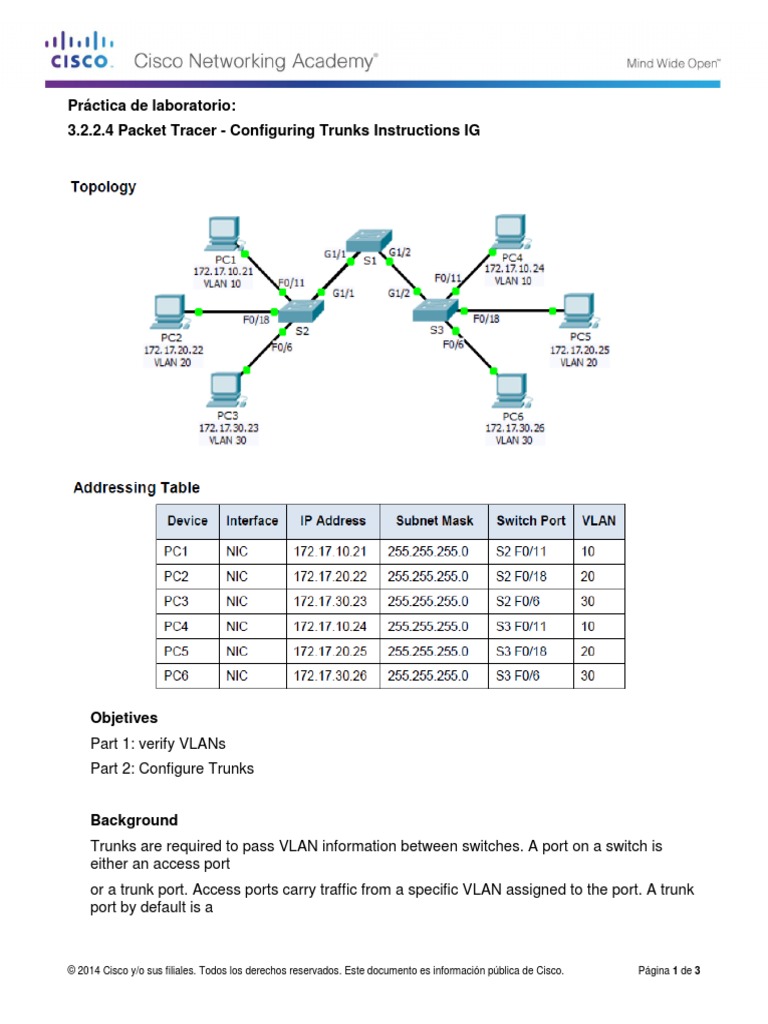 3.2.2.4 Packet Tracer - Configuring Trunks Instructions IG | PDF ...